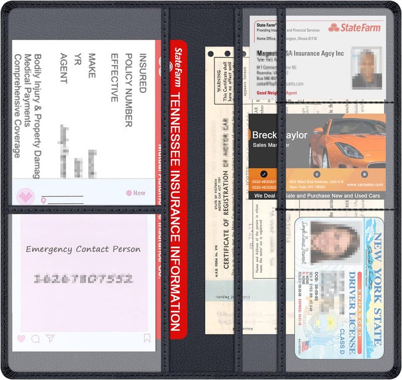 Techion Car Insurance and Registration Holder, 9.5 x 5 Inch PU Leather Vehicle Glove Box Organizer Wallet Case for Insurance Card, Driver License, Paperwork - Black - Image 3